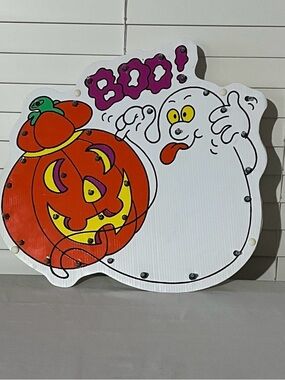 Halloween Pumpkin & Ghost Sign "BOO!" - Orange, White, Purple, Yellow